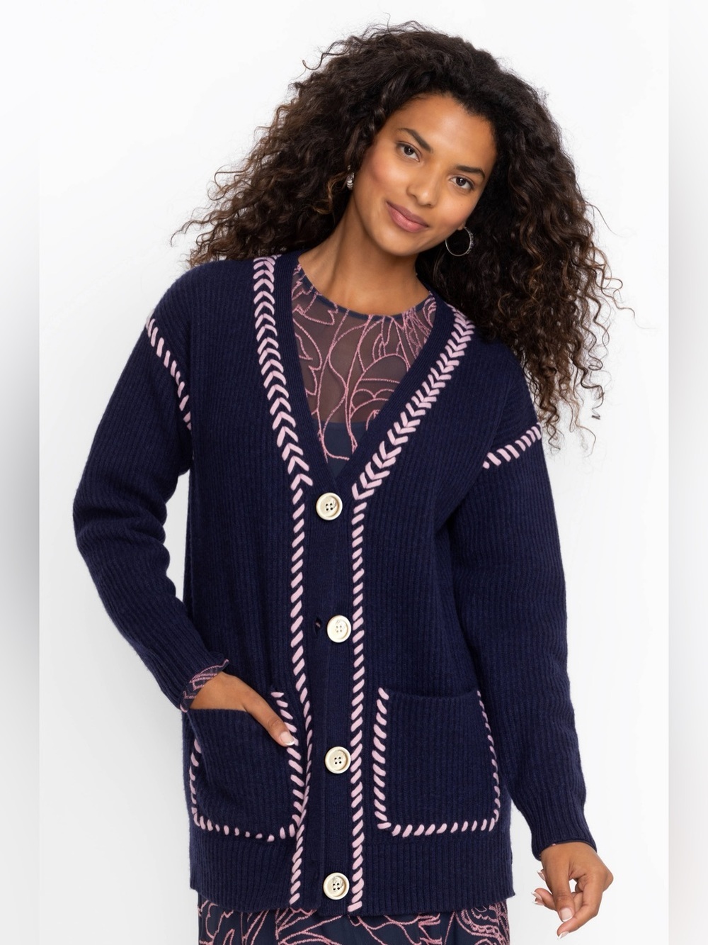 Johnny Was The Solid Whipstitch Cardigan Sweater Navy Pink Wool